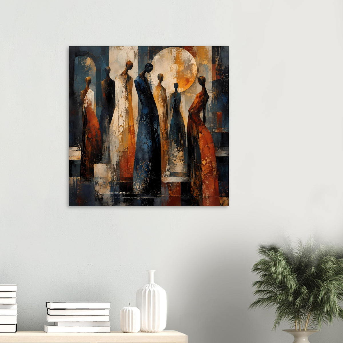 Abstraktes Kunstposter mit warmen Figuren, orange-blaues Motiv, an weißer Wand über Konsole