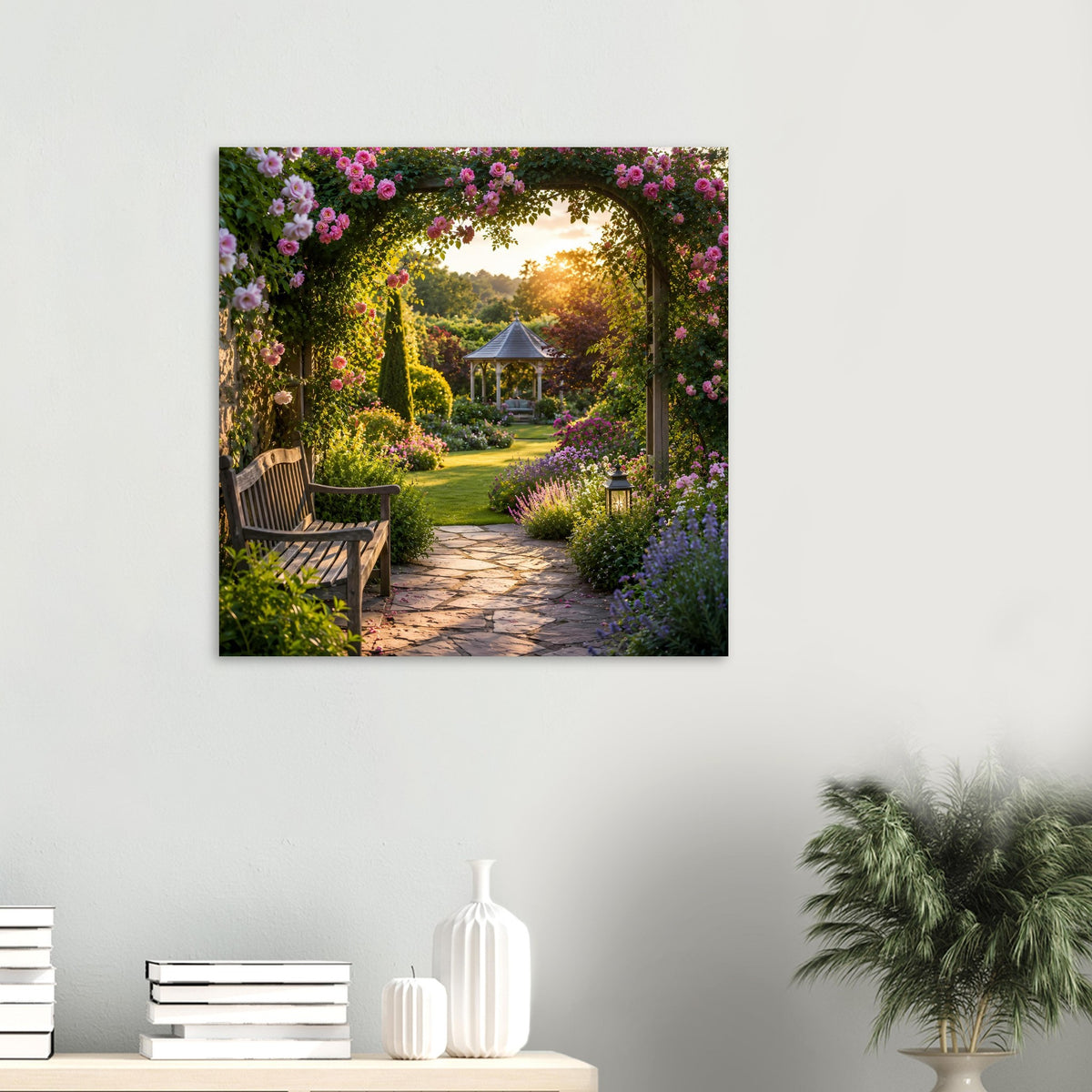 Quadratisches Naturposter: Blütenbogen mit Weg, Laterne und Pavillon, sonnige Farben