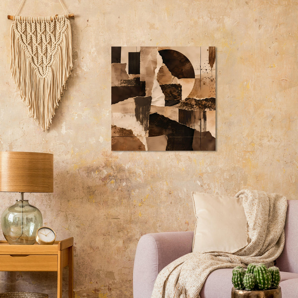 Abstraktes Kunstposter mit erdigen Beige- und Brauntönen sowie schwarzen Kontrasten