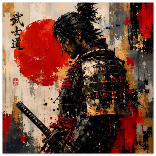 Poster mit Samurai-Krieger im Profil, Schwert, roter Kreis und Farbspritzern, Schriftzeichen links