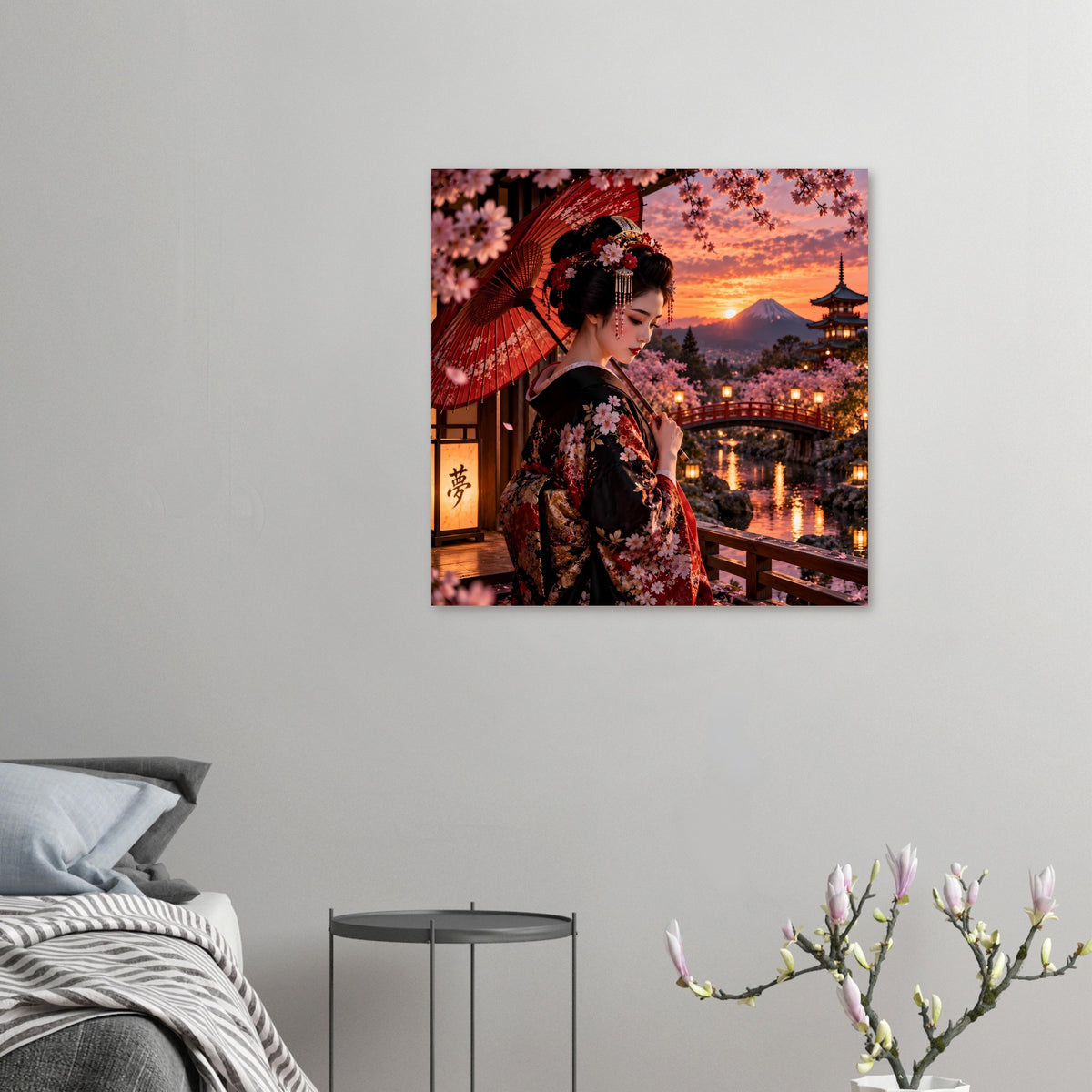 Kleines Poster: Frau im Kimono mit Kirschblüten und rotem Schirm, Sonnenuntergangszene an Brücke