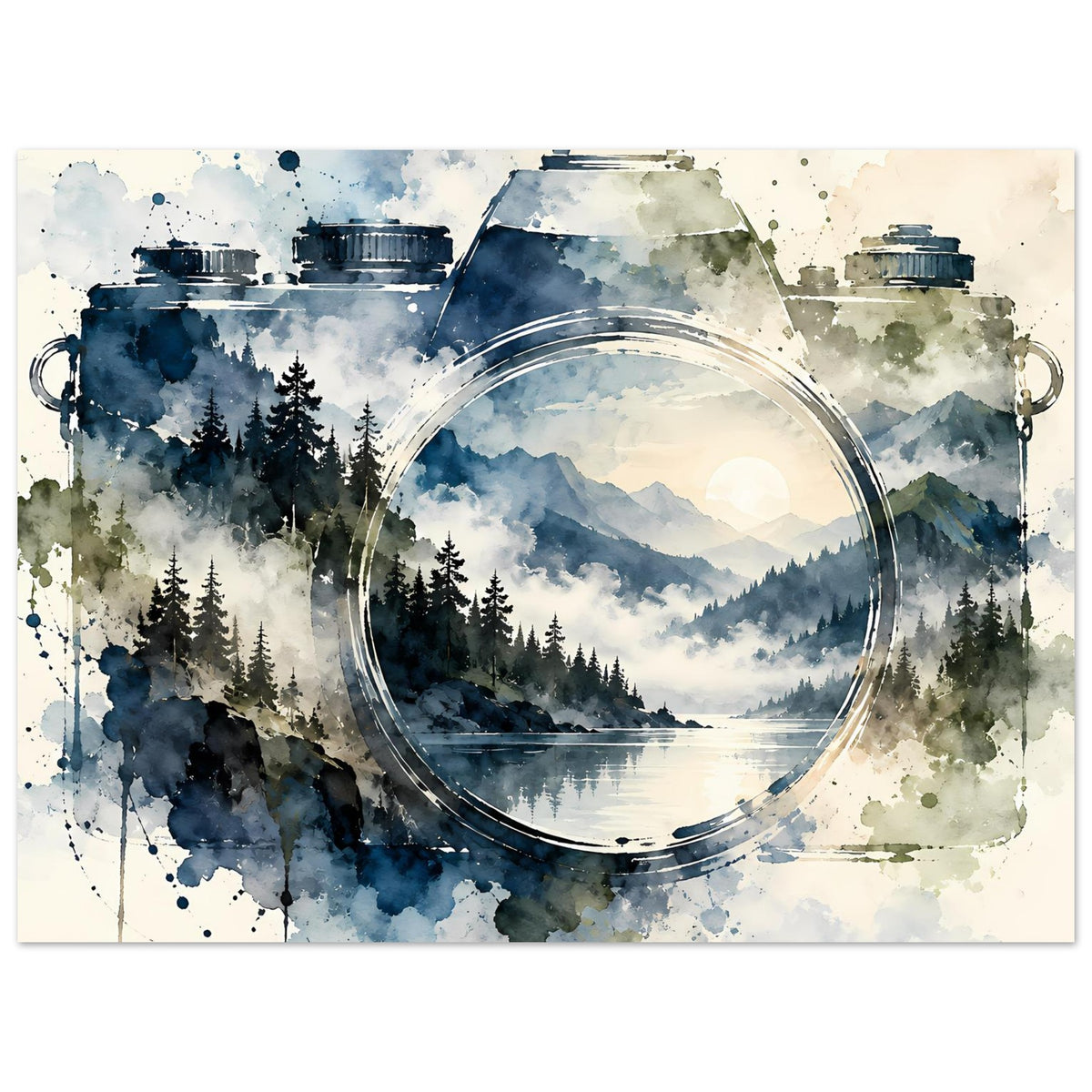 Querformat-Aquarellposter mit Vintage-Kamera und Rundlinse, Bergsee im Tannenwald