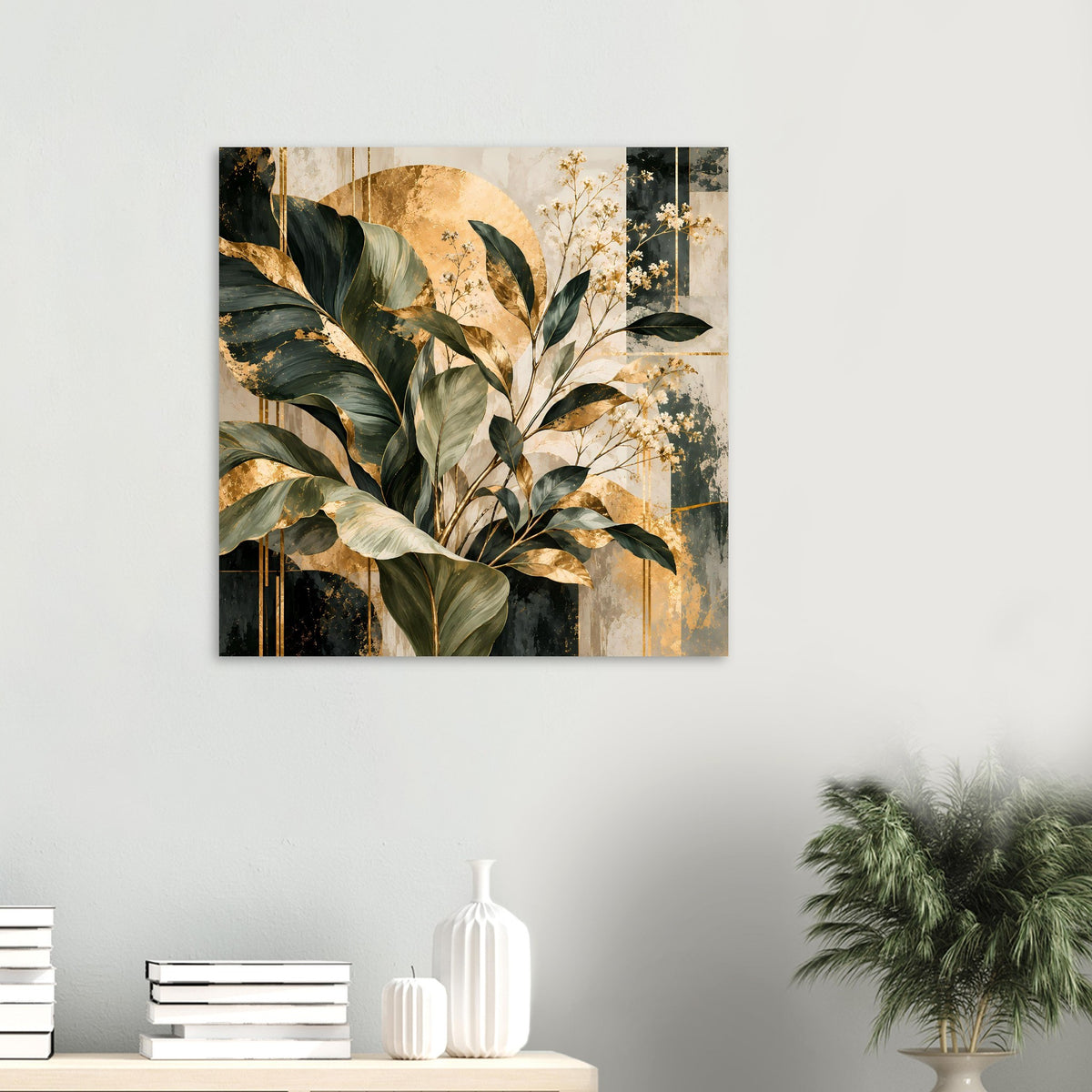 Kleines Poster mit üppigem Blattmotiv in Grün, Gold und Creme, mit blühendem Zweig