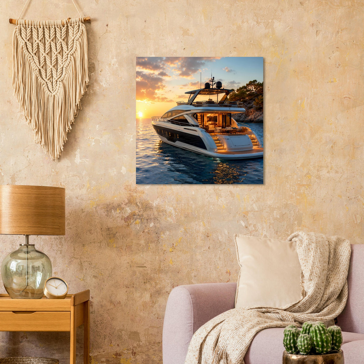 Poster mit Motoryacht an einer Küste bei Abendsonne, Blick schräg von vorn