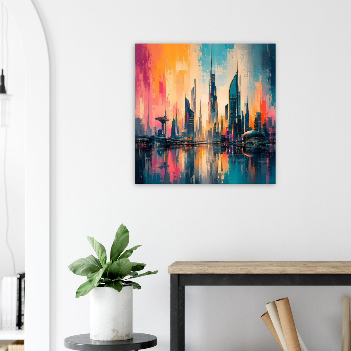 Cityscape-Poster mit futuristischer Skyline, Wasserreflexionen und orange-blauem Farbverlauf