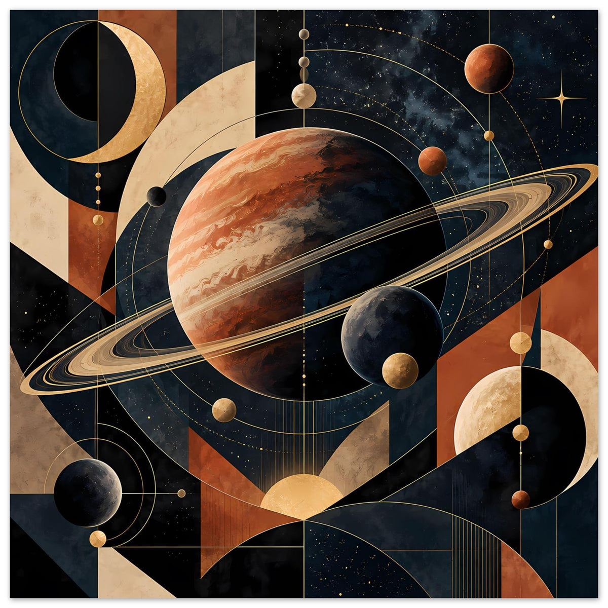 Rechteckiges Poster mit großem Planeten, Saturnring, mehreren Monden und abstrakten Kreisen in Gold.