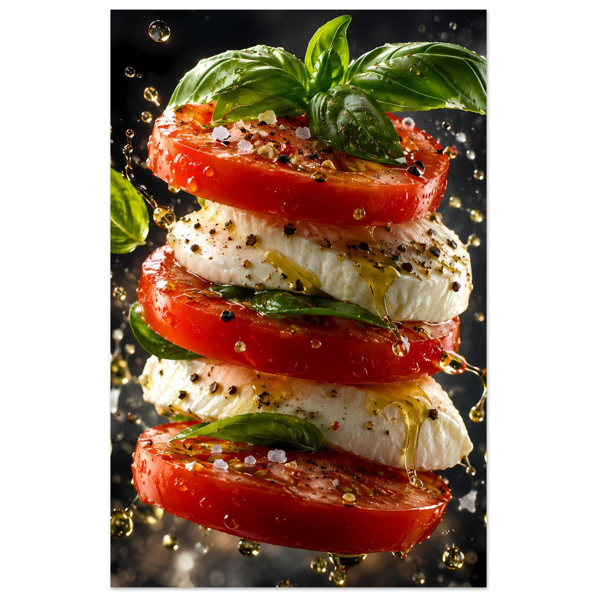 Küchenposter im Hochformat: Stapel aus Tomaten und Mozzarella mit Basilikum und Tropfen