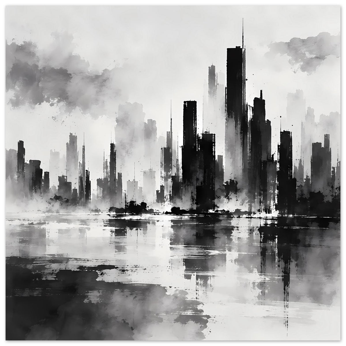 Schwarzweiß-Poster mit Skyline-Schatten und nebeliger Wolkenkulisse über dem Wasser