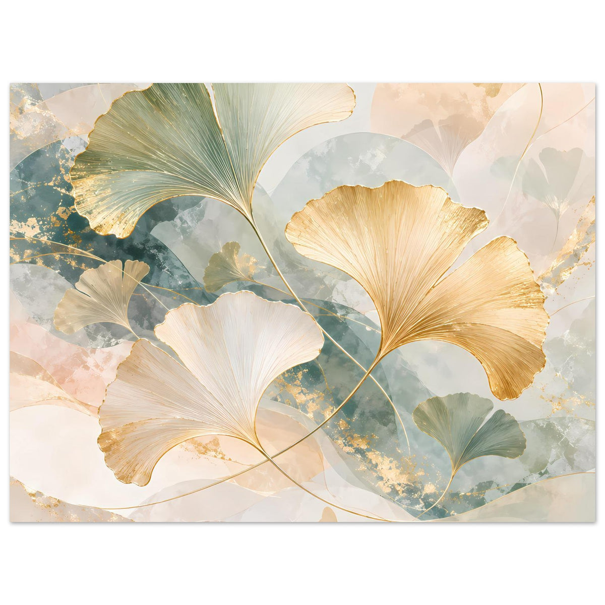Poster mit Ginkgo-Blättern in Blaugrün und Goldakzenten, waagerechte Ansicht