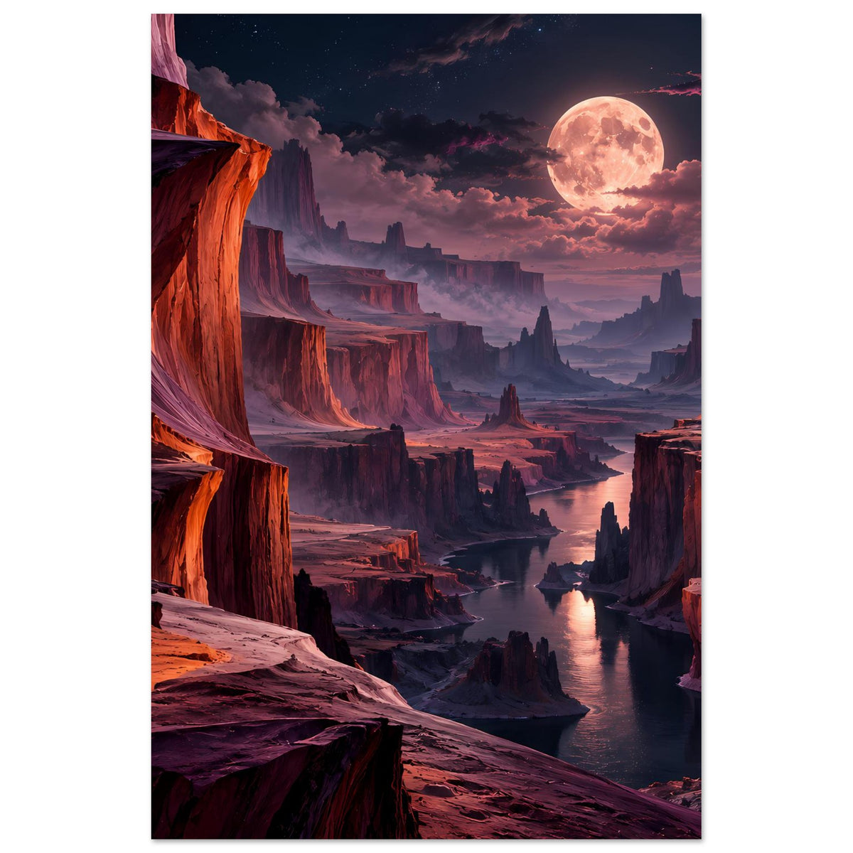 Vertikales Landschaftsposter im Rahmen: Canyonlandschaft mit Fluss, Ruinen und Vollmond