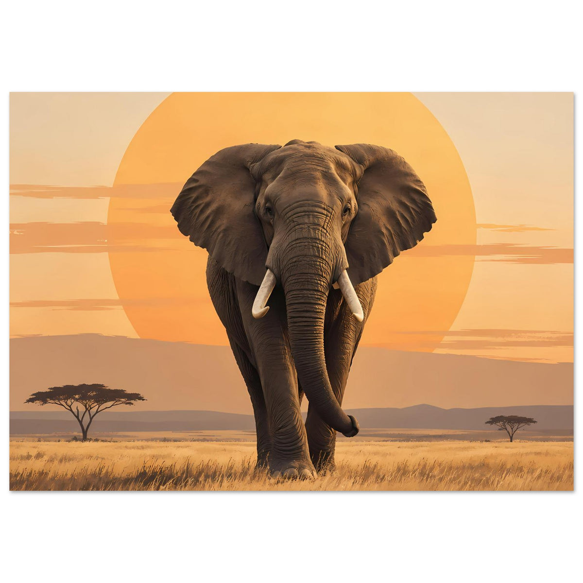 Querformat-Poster mit dunkelgrauem Elefant vor Sonnenkreis in orangefarbener Savannenlandschaft