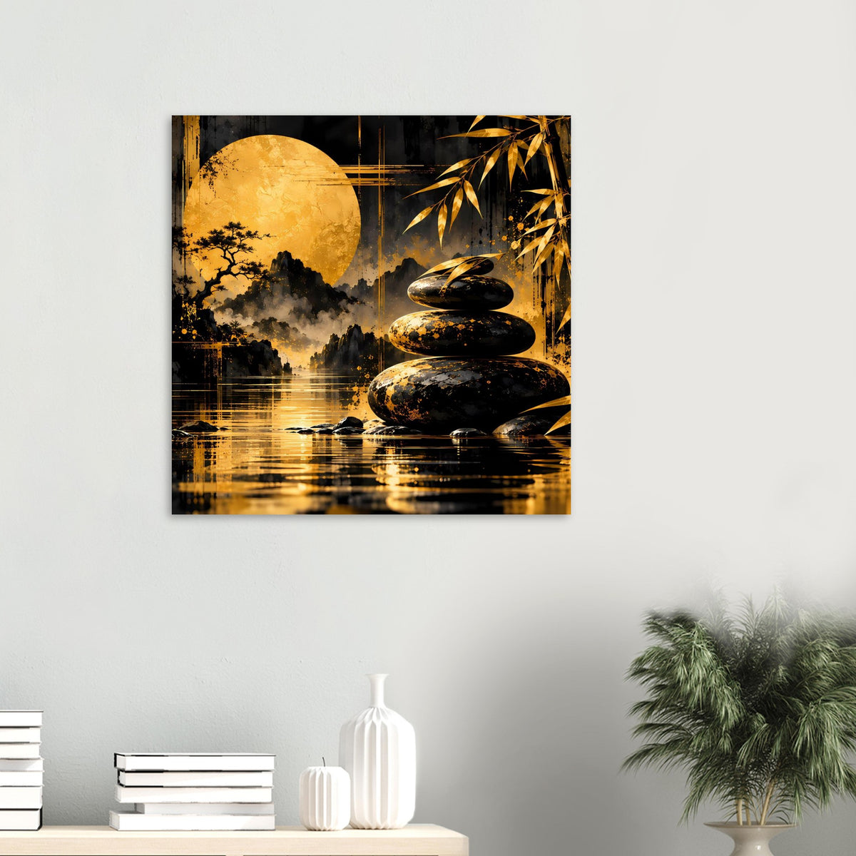 Zen-Poster mit goldener Mondlandschaft, Bambus-Detail und Steinsäule am Wasser