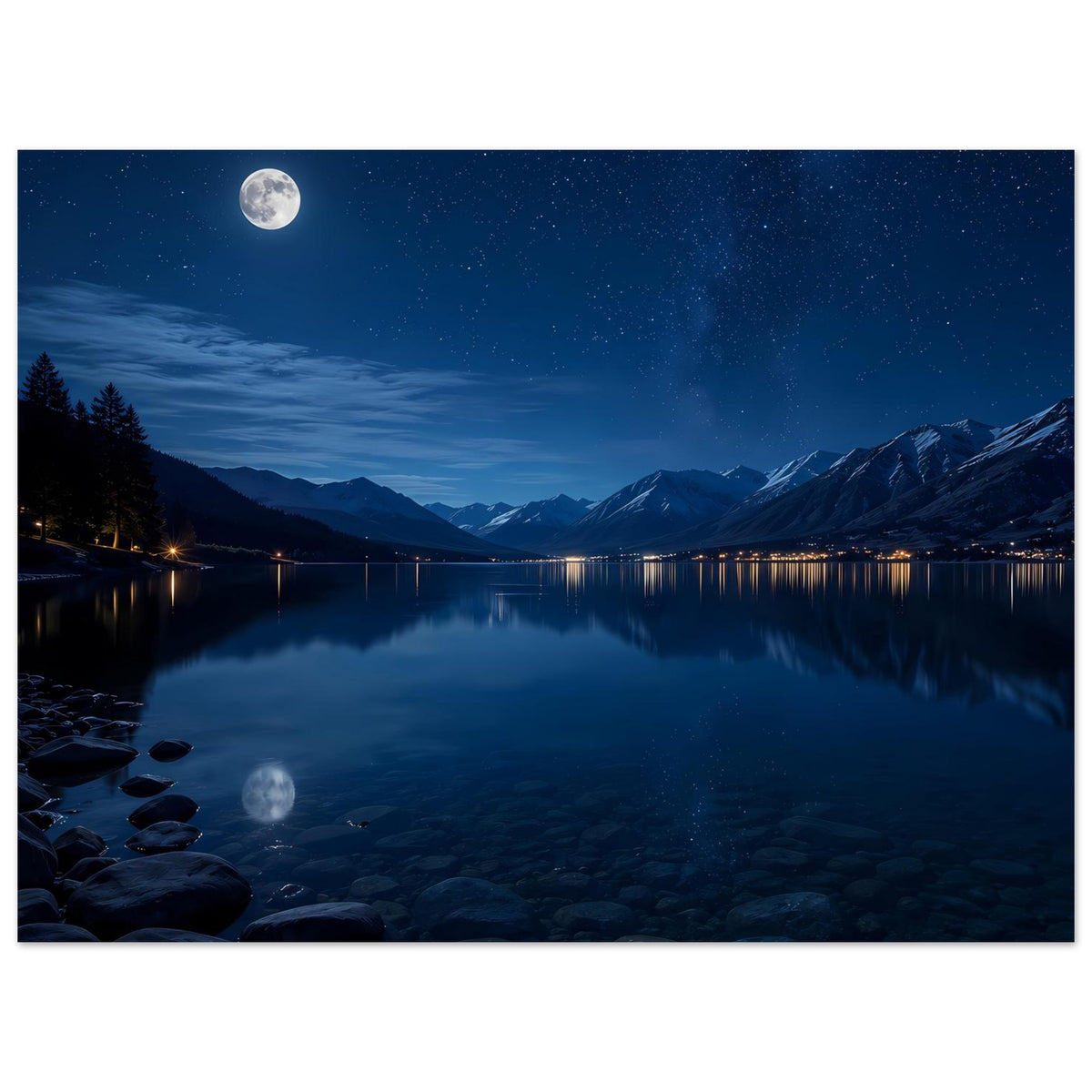 Poster: Abendliche Berglandschaft am See, großer Mond, Sternenhimmel und Wasserreflexion mit Steinen