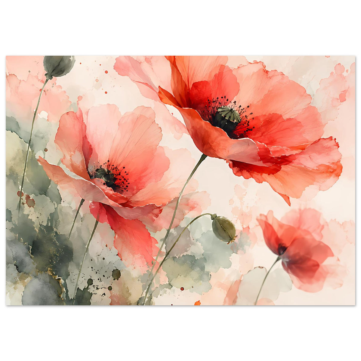 Querformat-Aquarellposter mit korallroten Mohnblüten, grünen Stielen und Knospen