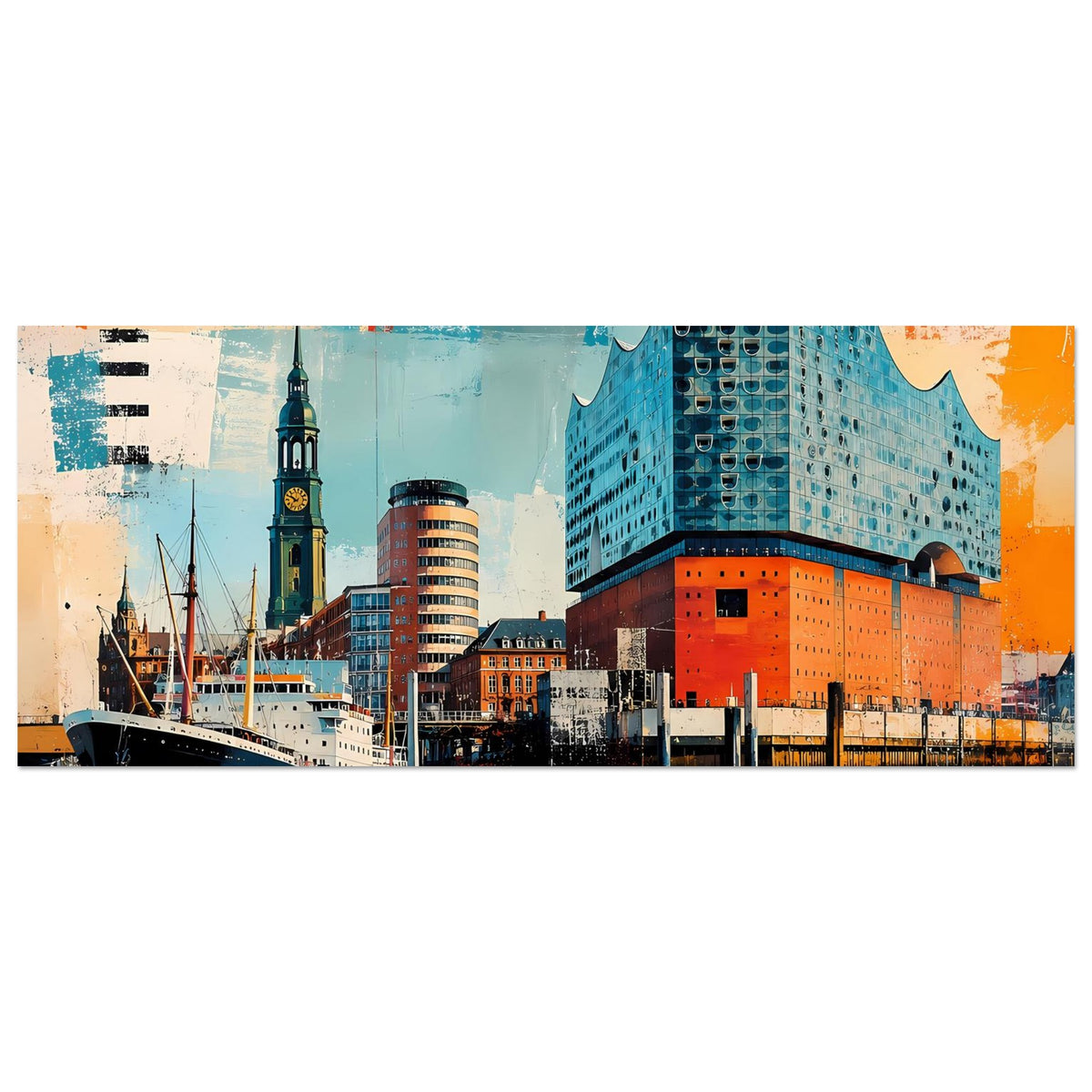 Breites Poster im Panoramaformat mit Hamburg-Hafen, Elbphilharmonie und türkis-orangen Farben