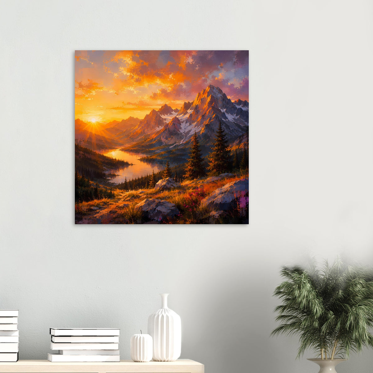Quadratisches Poster mit Sonnenuntergangs-Berglandschaft, Wäldern und See im Tal