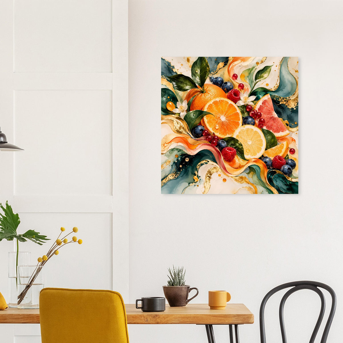 Luxuriöses Premium-Poster mit Obstkunst aus Orangen, Grapefruit, Beeren und Blättern
