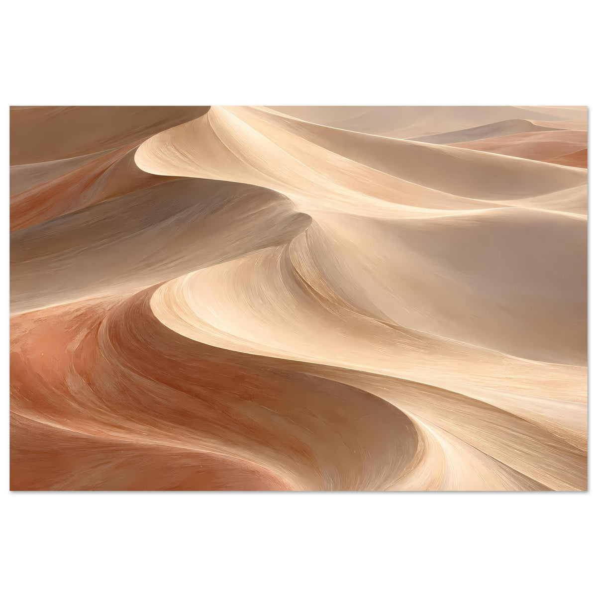 Sanddünen-Poster mit klar erkennbaren Dünenkämmen in Beige-, Orange- und Grautönen, quer.