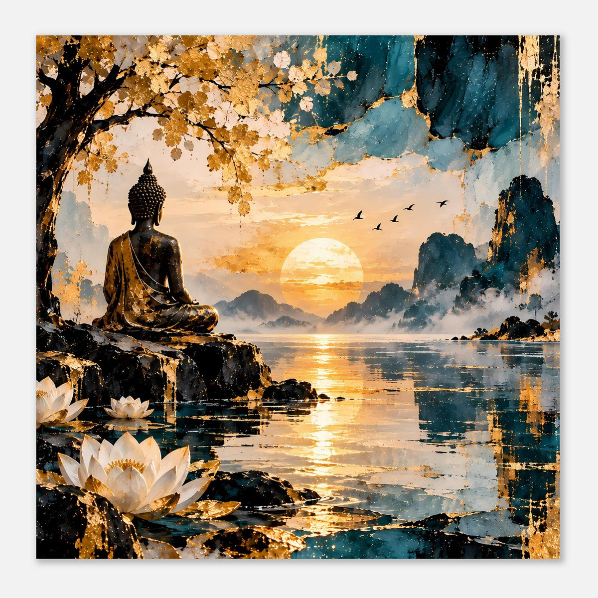 Buddha-Poster mit quadratischer Ansicht: Buddha, Lotusseer, goldblauer Himmel und Sonnenkreis