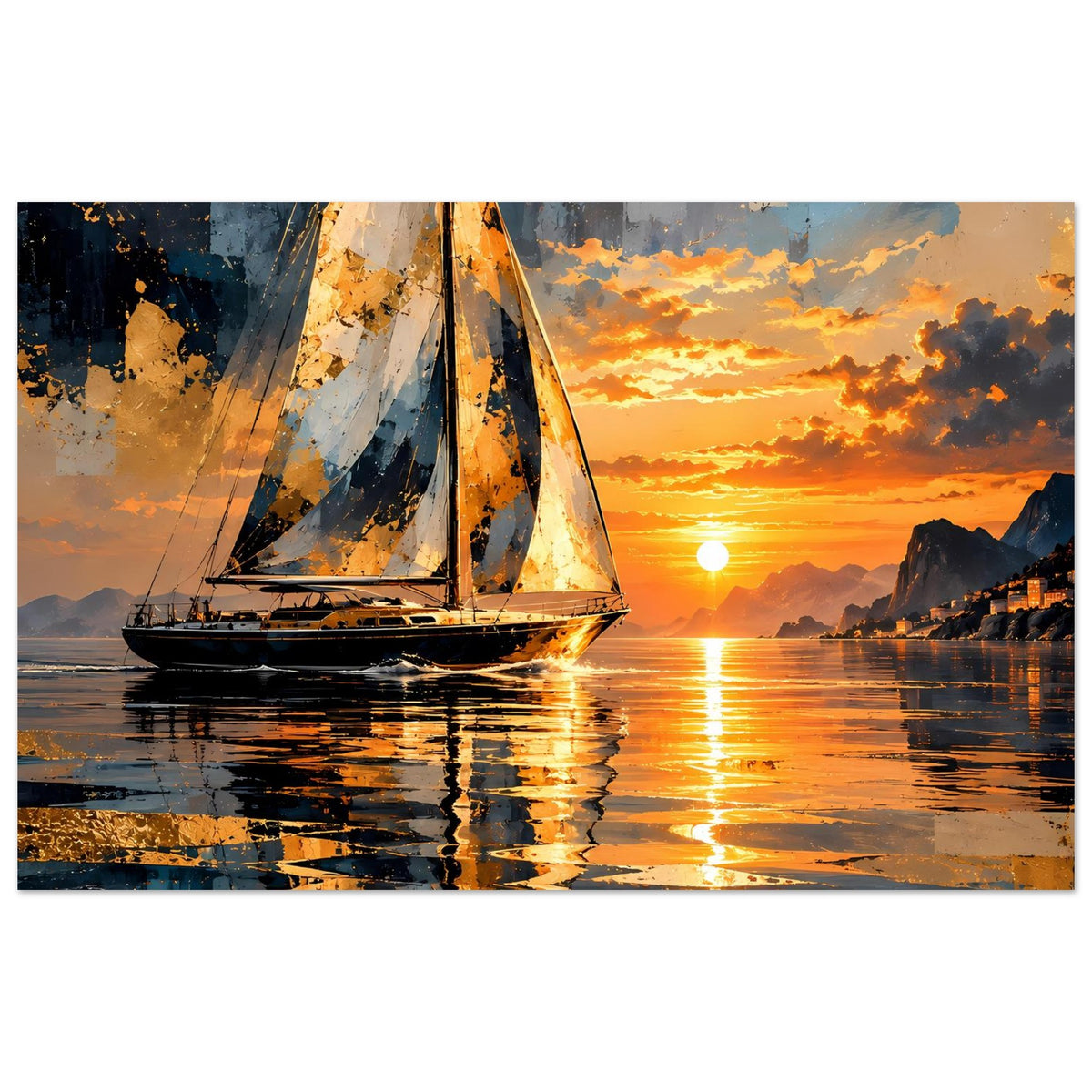 Querformat-Poster mit Segelboot, Sonnenkreis über dem Wasser und bunten Wolken