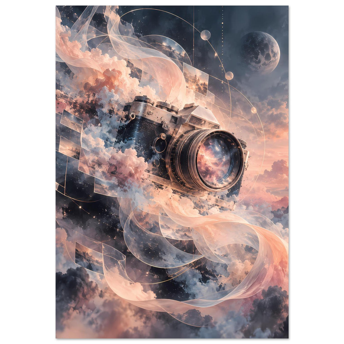 Poster mit Retro-Kamera, blauem Himmel, orange Wolken und schimmernden Kreislinien