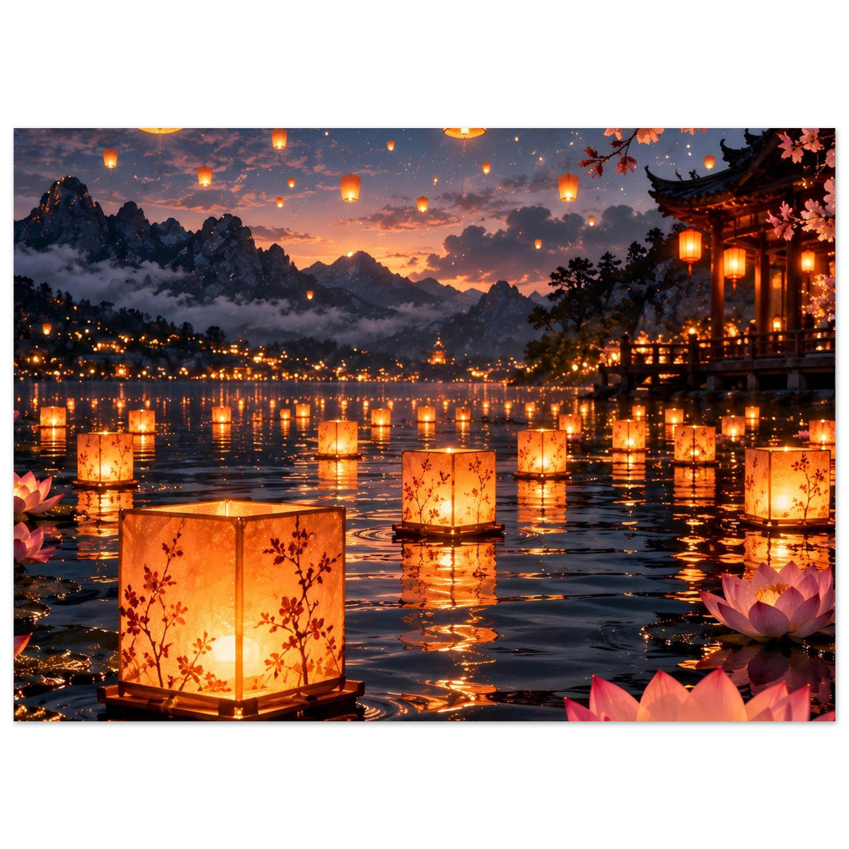 Laternenfest-Poster im Querformat: beleuchtete Lampions am Fluss, Tempel-Lichter und Blüten