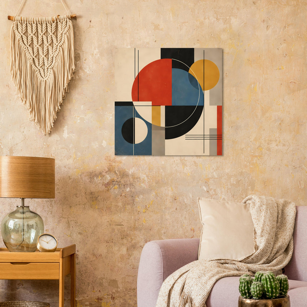 Geometrisches Abstract-Poster mit Kreisformen und Linien in Rot, Blau, Beige und Schwarz