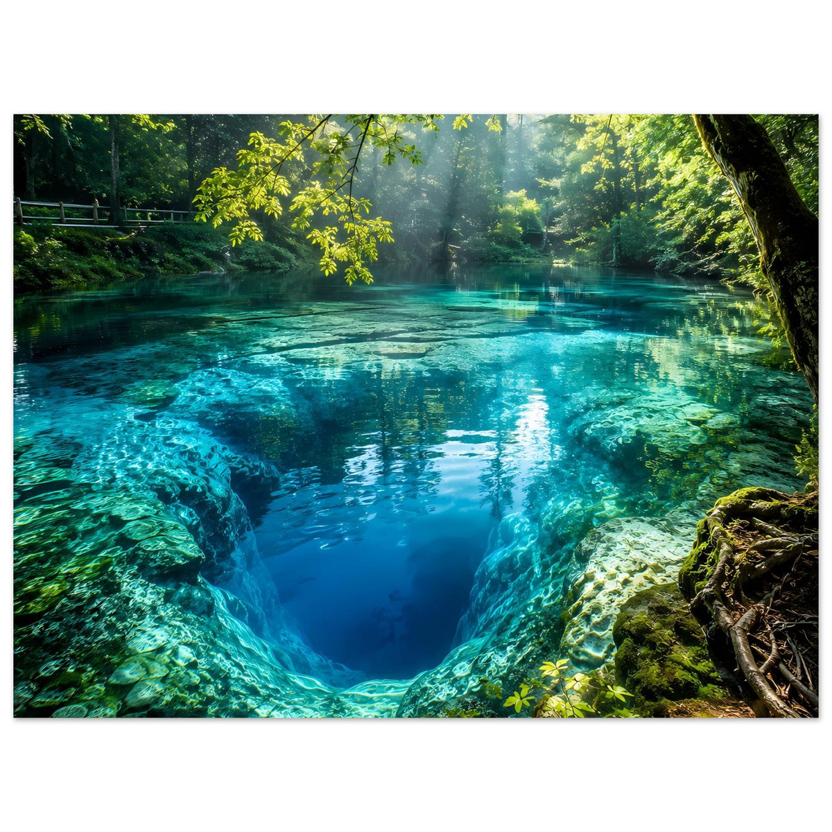 Wandposter mit klarem türkisfarbenem Wasser, moosigen Felsen und hellem Waldlicht