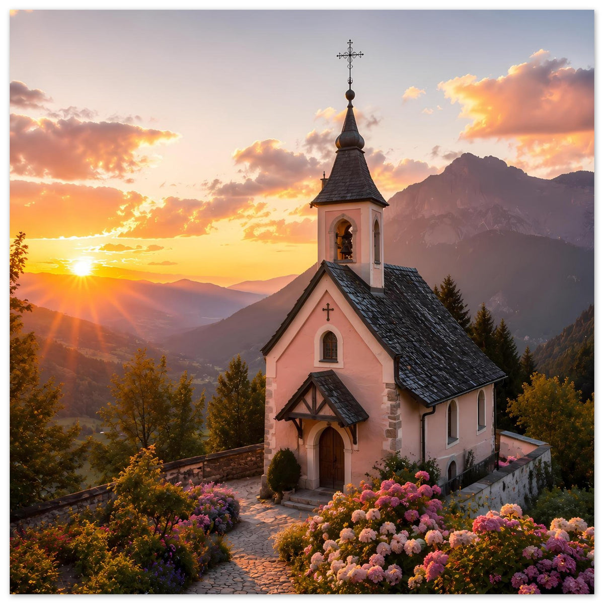 Landschaftsposter: Kapelle im goldenen Sonnenuntergang, Berge, Bäume und Blumenbeete vorn.