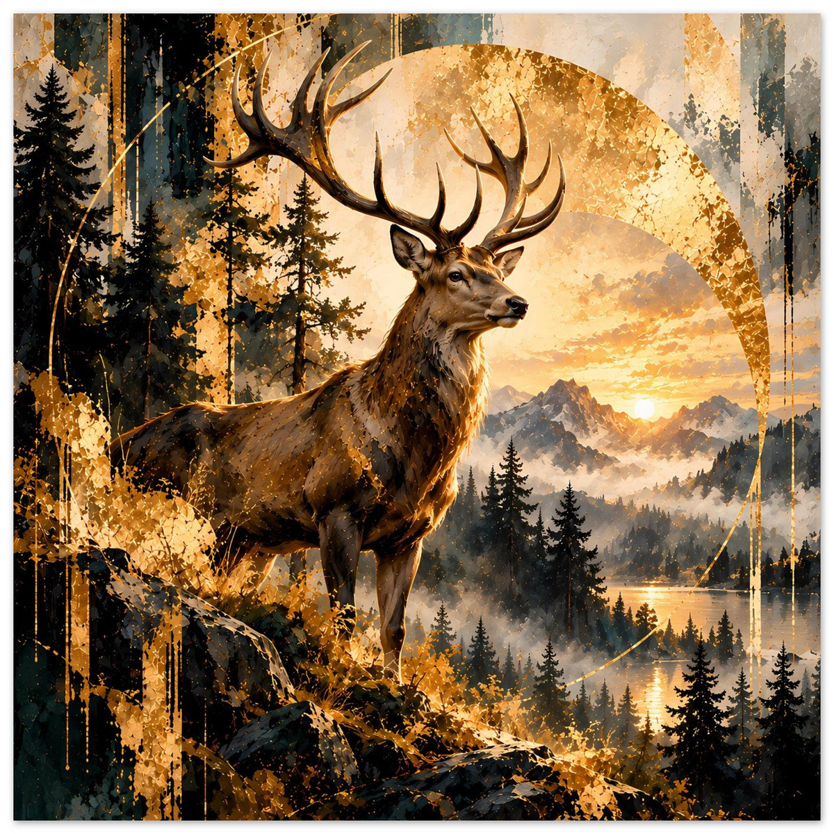Wandposter mit Hirsch im Sonnenuntergang, bogenförmige Lichtgrafik, Wald und Berge, horizontal