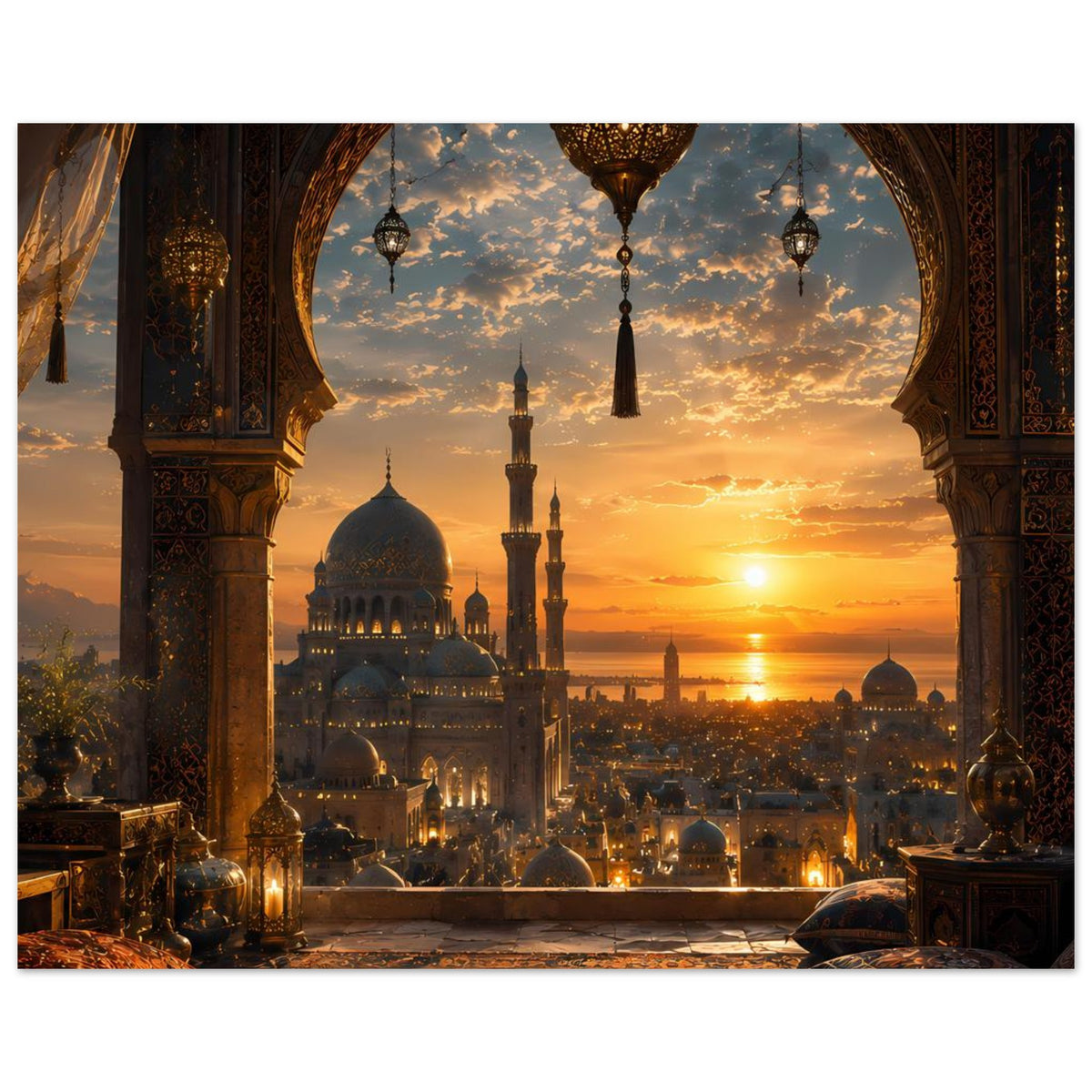 Poster mit Rundbogenrahmen: Moschee und Minarette vor warmem Sonnenuntergangshimmel