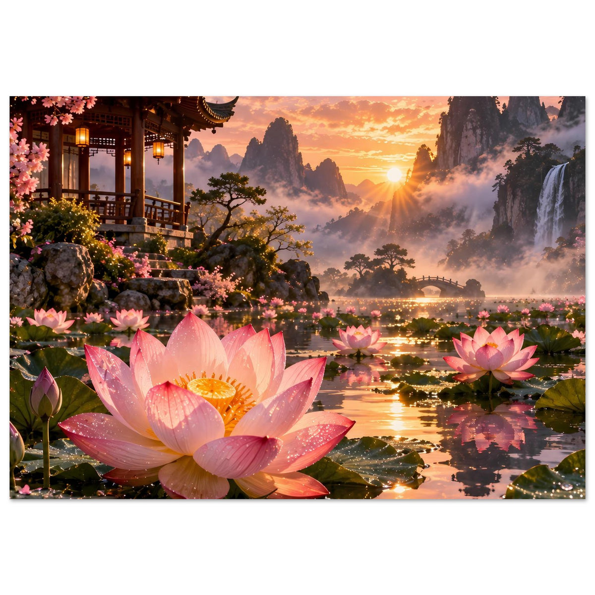 Wandposter mit rosa Lotusblüten und Tempelgebäude links, reflektierendem Wasser bei Sonnenuntergang