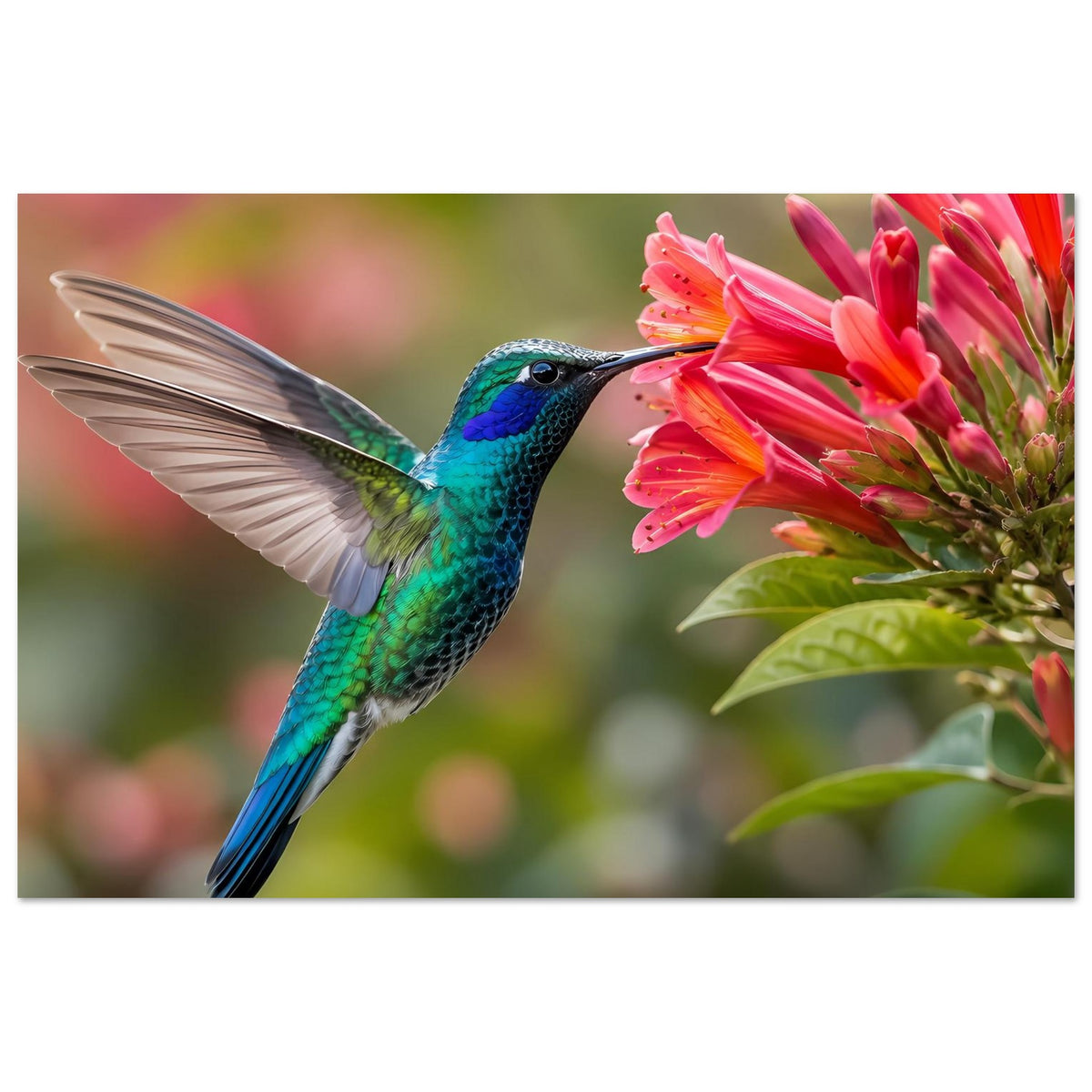 Naturposter querformat: Kolibri neben rosa Blüten, Flügel nach links