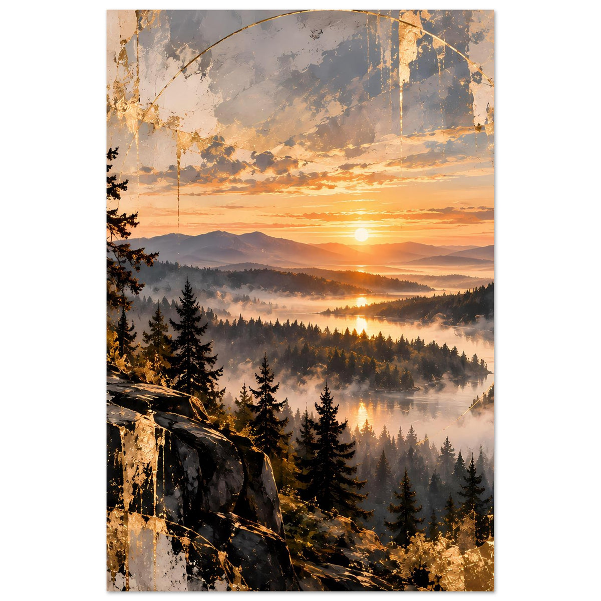 Landschaftsposter, vertikal: Sonnenuntergang über Wald mit Nebel und Bergen