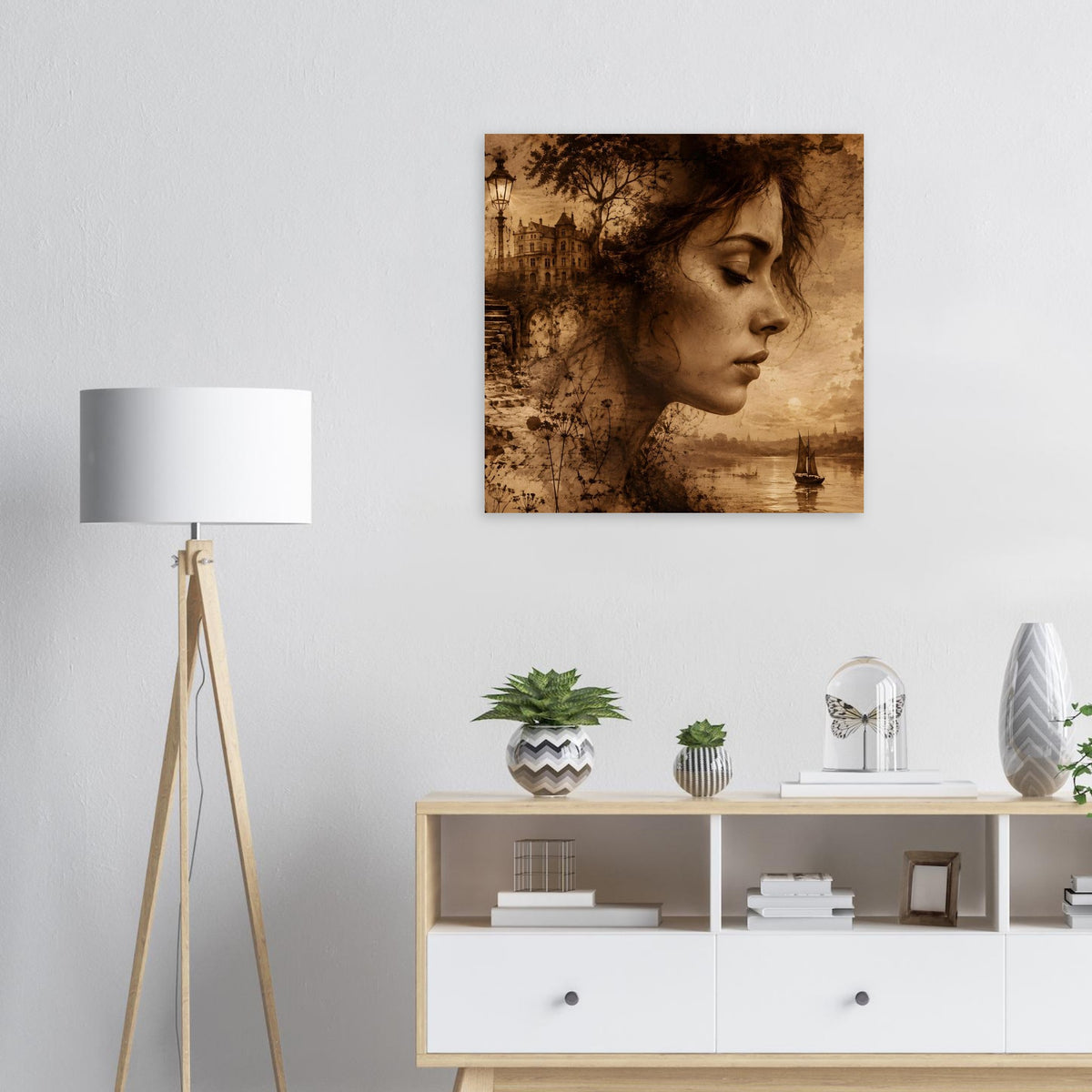 Quadratisches Sepia-Poster mit Frauenprofil, Details von Stadt und Fluss