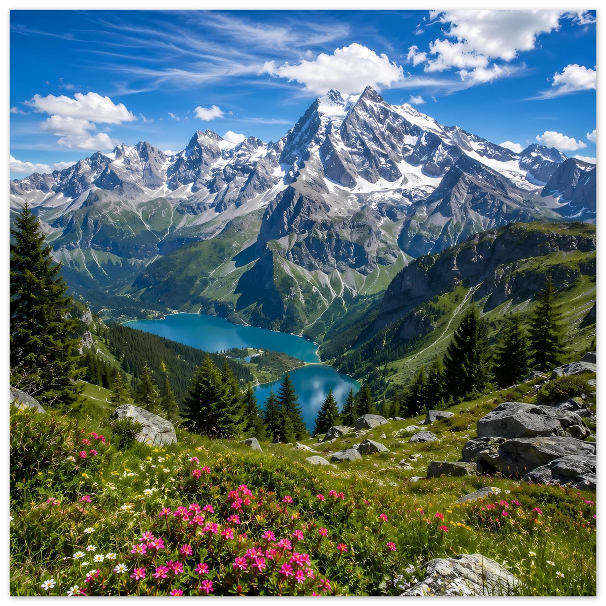 Alpenlandschafts-Poster: schneebedeckte Gipfel über grünen Hängen mit Talsee