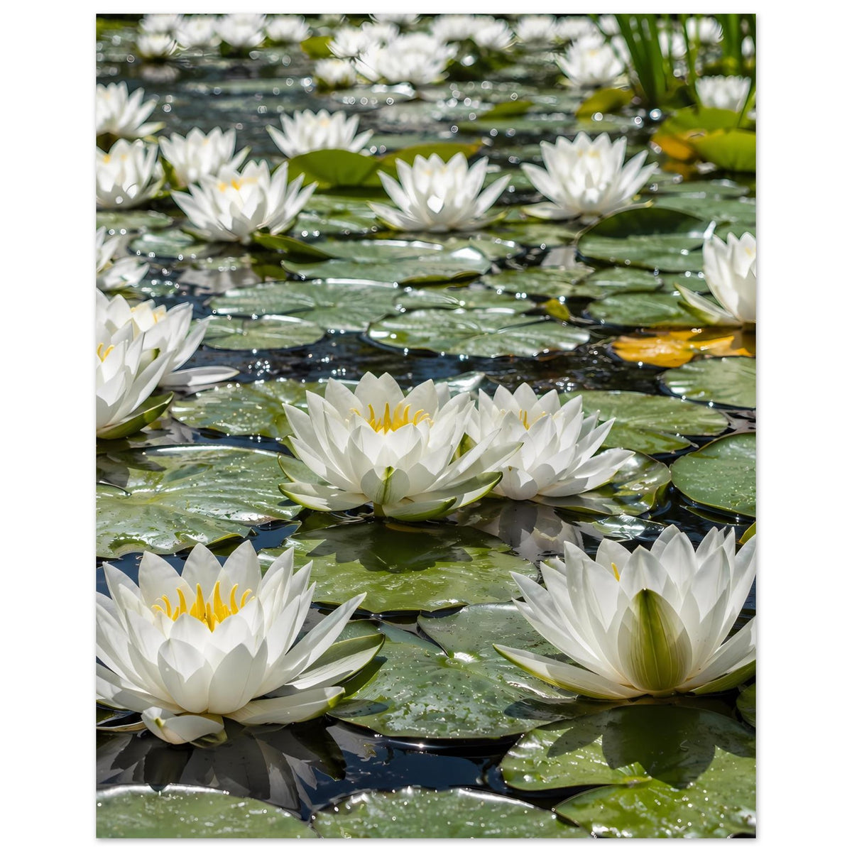 Poster mit weißen Seerosen und Seerosenteich, Blüten auf grünen Blättern schwimmend