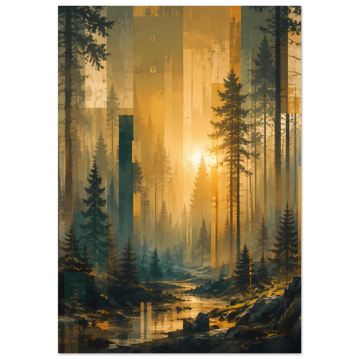 Wandposter mit Waldsee bei Sonnenaufgang, Spiegelung im Wasser und Tannen im Nebel