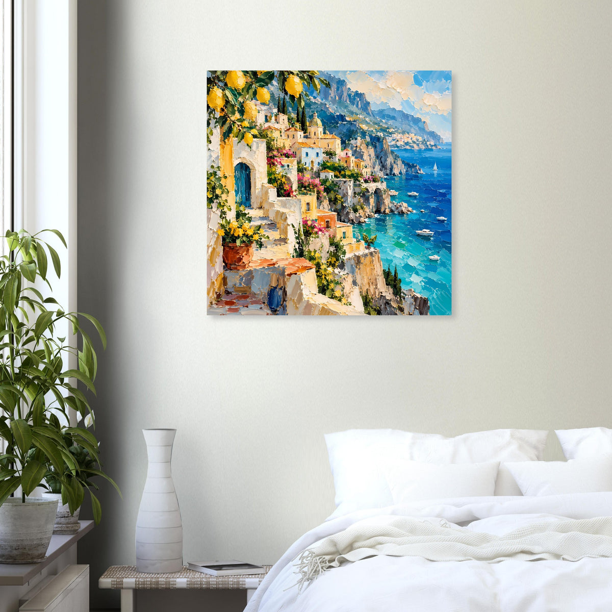 Quadratisches Poster mit mediterraner Gasse, grünen Bäumen und blauem Meerblick