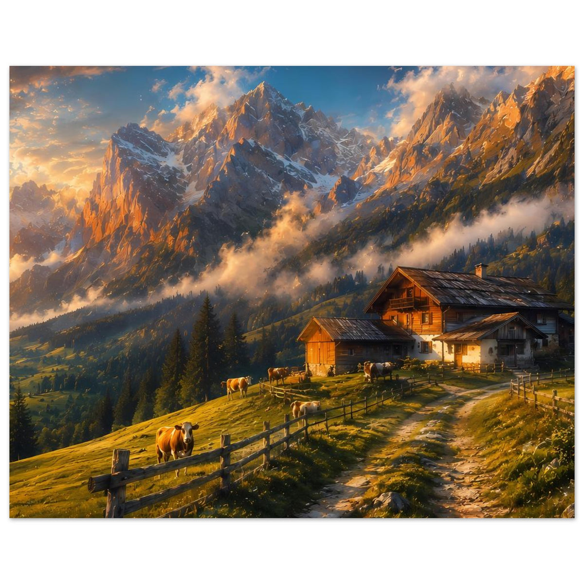 Poster: Almhütte und Weg im Vordergrund, Kühe auf der Wiese, Alpen im Hintergrund