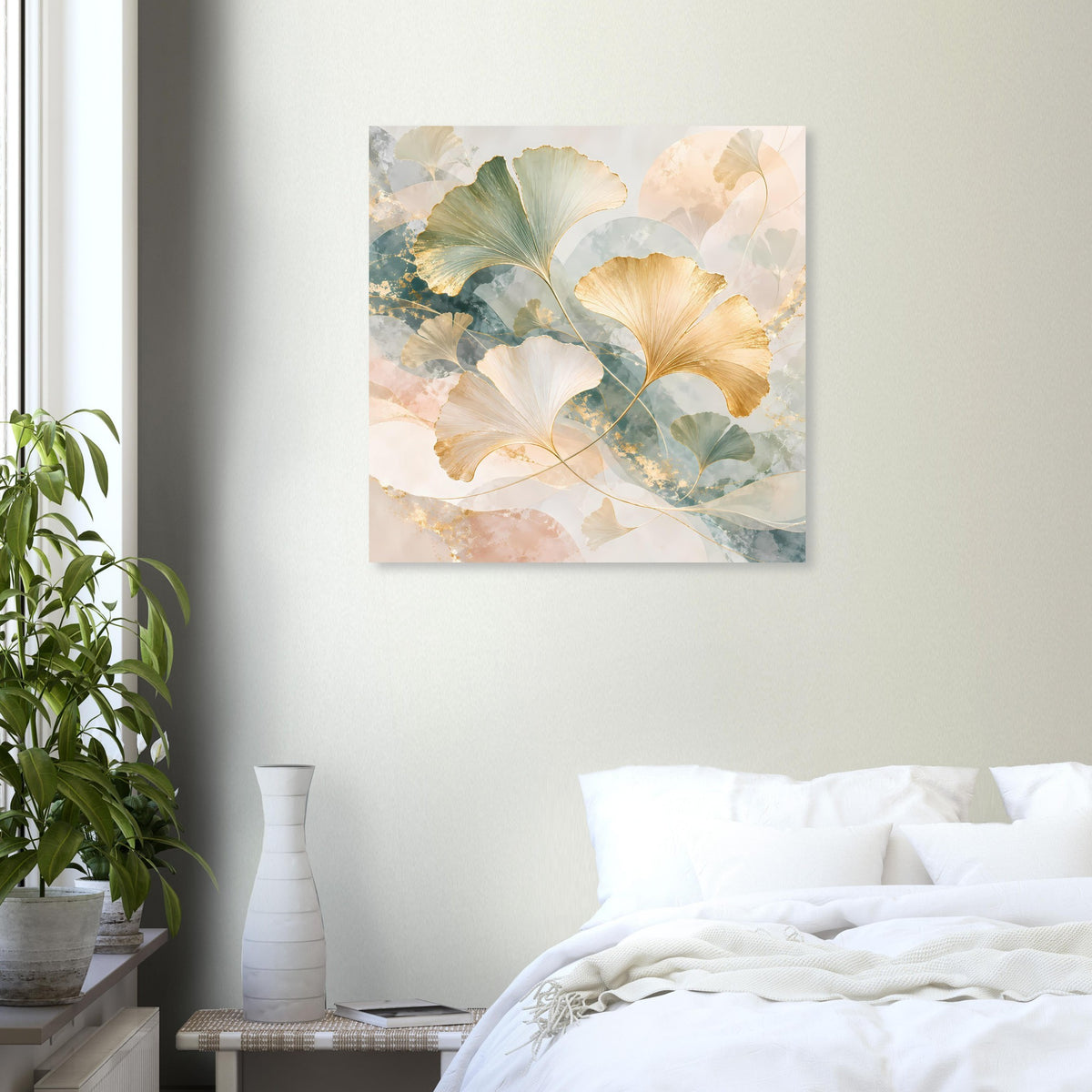 Gerahmtes Poster mit Ginkgo-Blättern in Türkisgrün, Beige und Goldakzenten