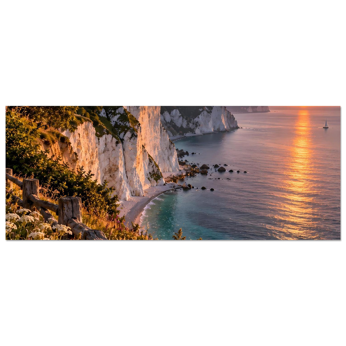 Breites Poster: Kreidefelsen am Meer, ruhige Bucht und Blumen am Strand bei Sonnenuntergang