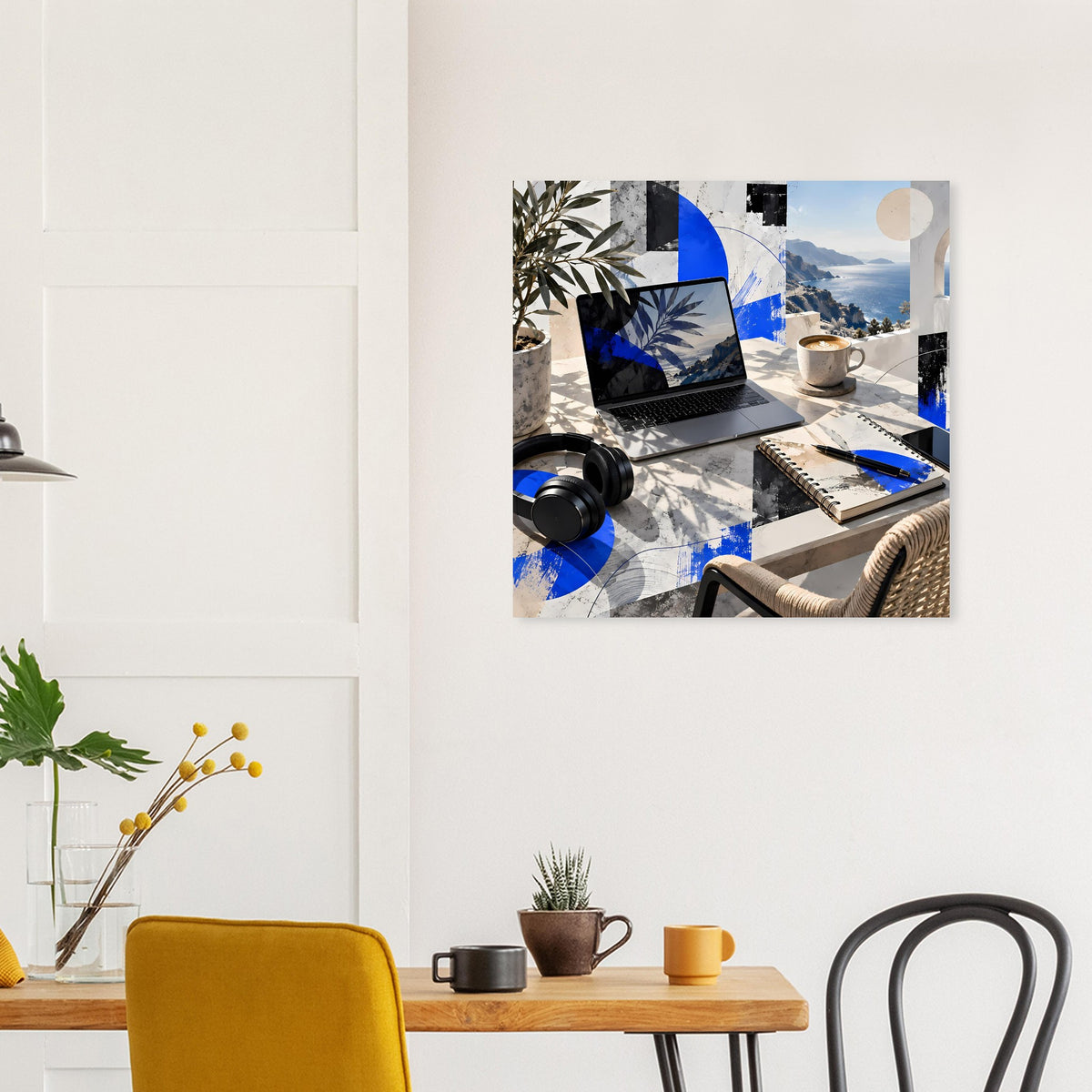 Quadratisches Poster mit abstrakter Küsten-Collage, Blau- und Beige-Elementen