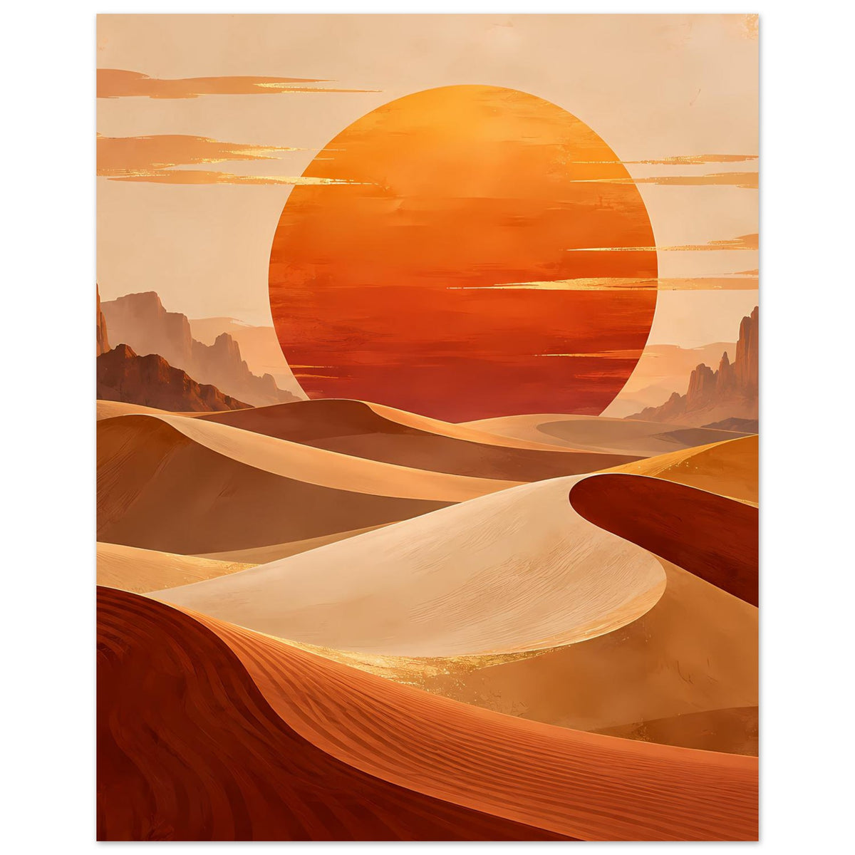 Poster im Hochformat: Dünen mit orangem Himmel und großer Sonnenscheibe im Kreis