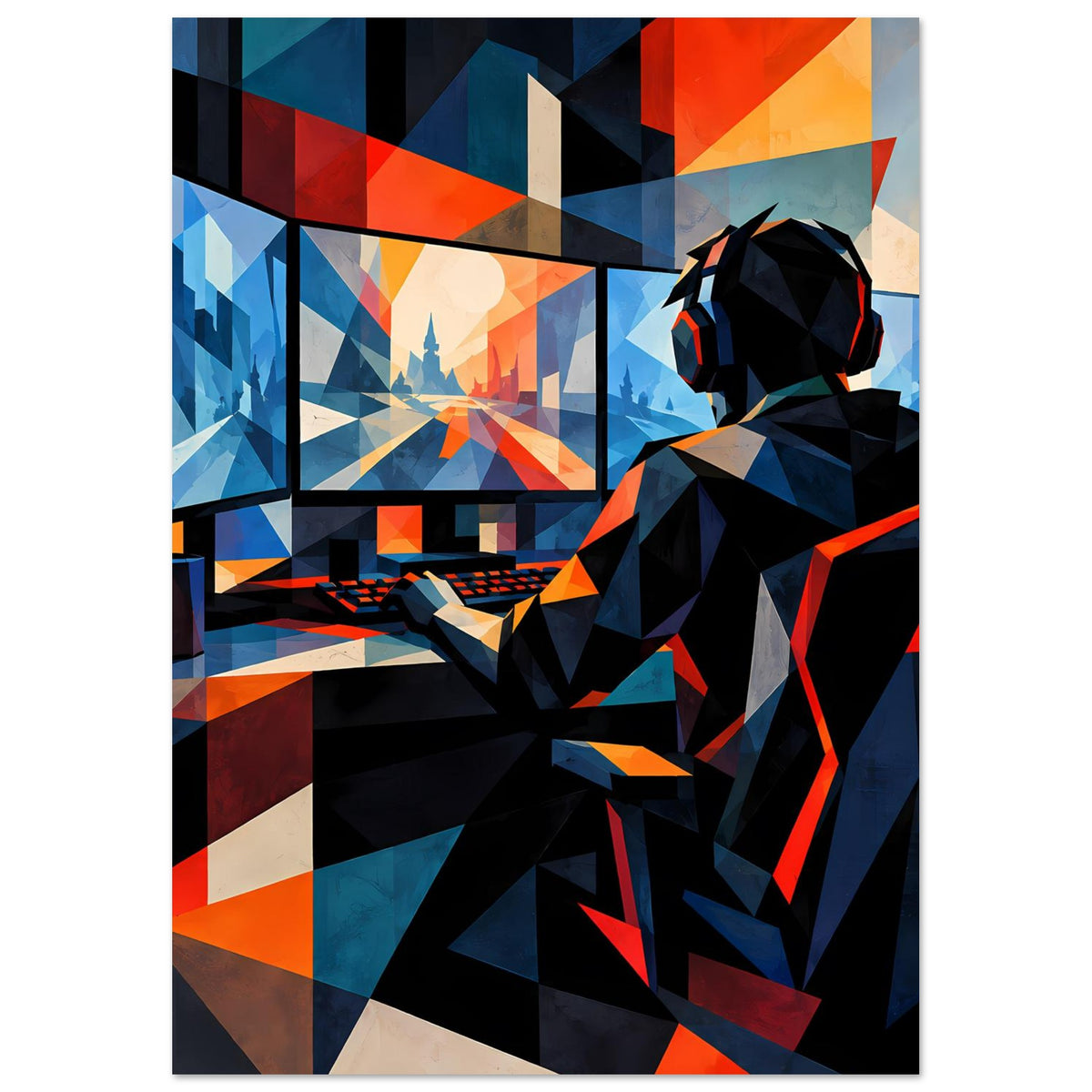 Gaming-Poster: Silhouette mit Headset greift eine Tastatur, geometrische Farbflächen in Blau/Orange.