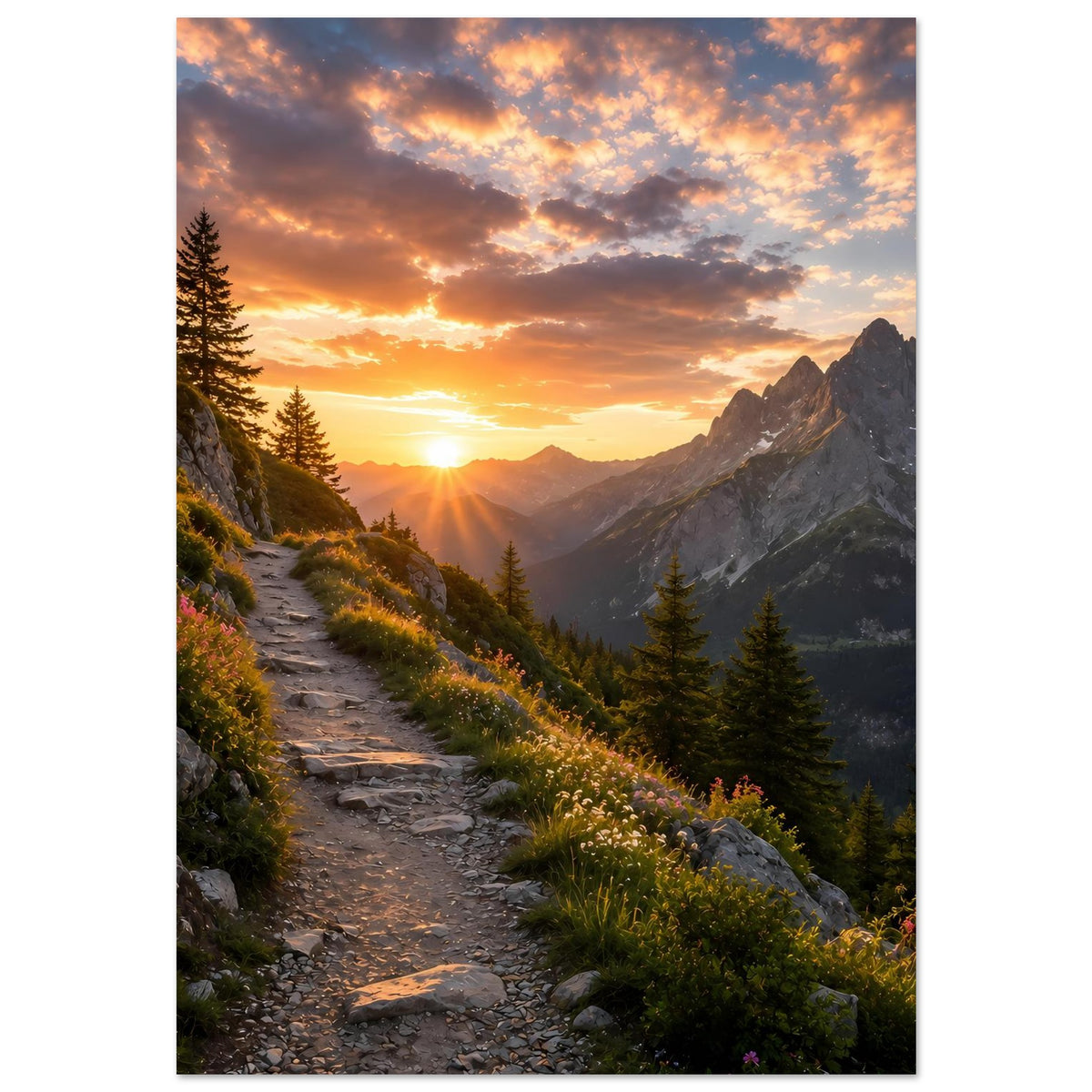 Poster mit Landschaftsweg im Gebirge, Sonnenaufgang im Tal und Tannen am Hang