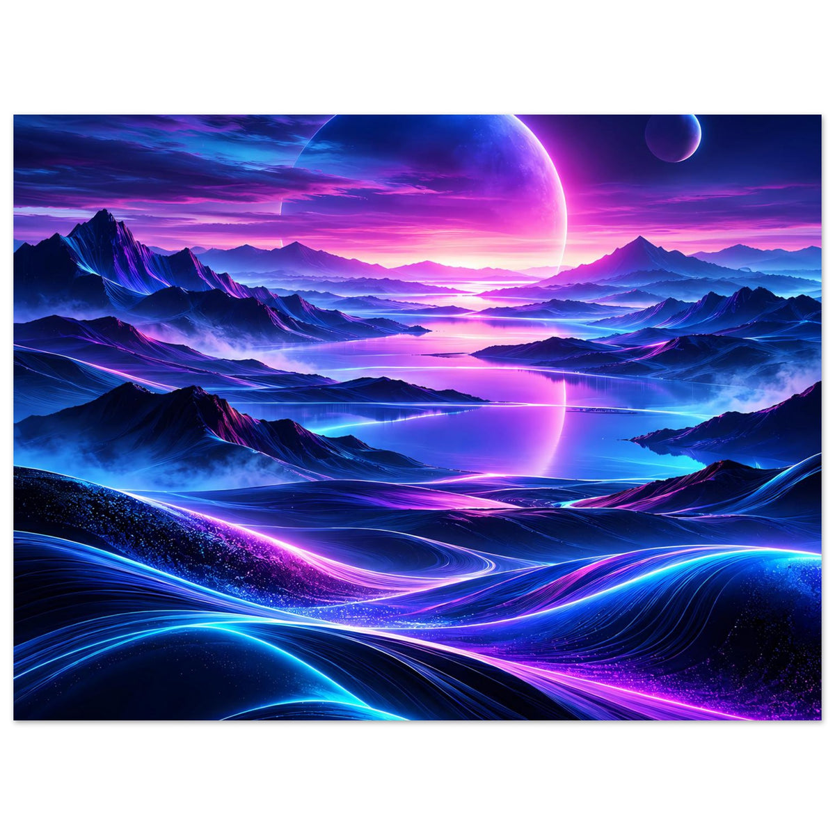 Neon-Weltraum-Poster, nah zugeschnitten: leuchtender Planet und breite Neonlichtbahnen im Tal