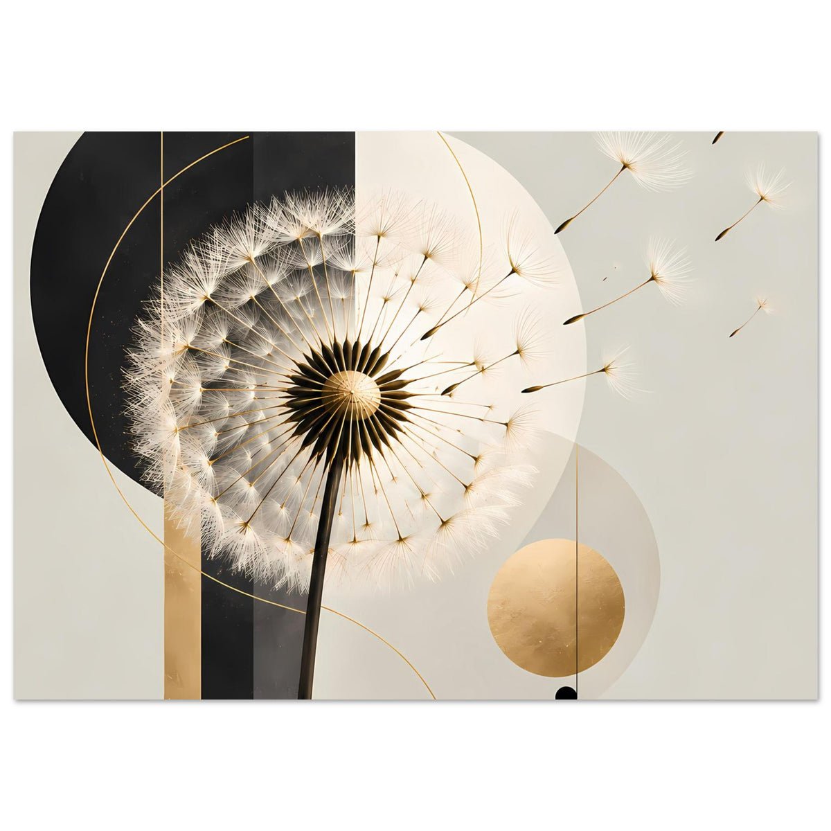 Dandelion-Poster mit zentraler Pusteblume, goldenen Fäden und beige-schwarzen Flächen