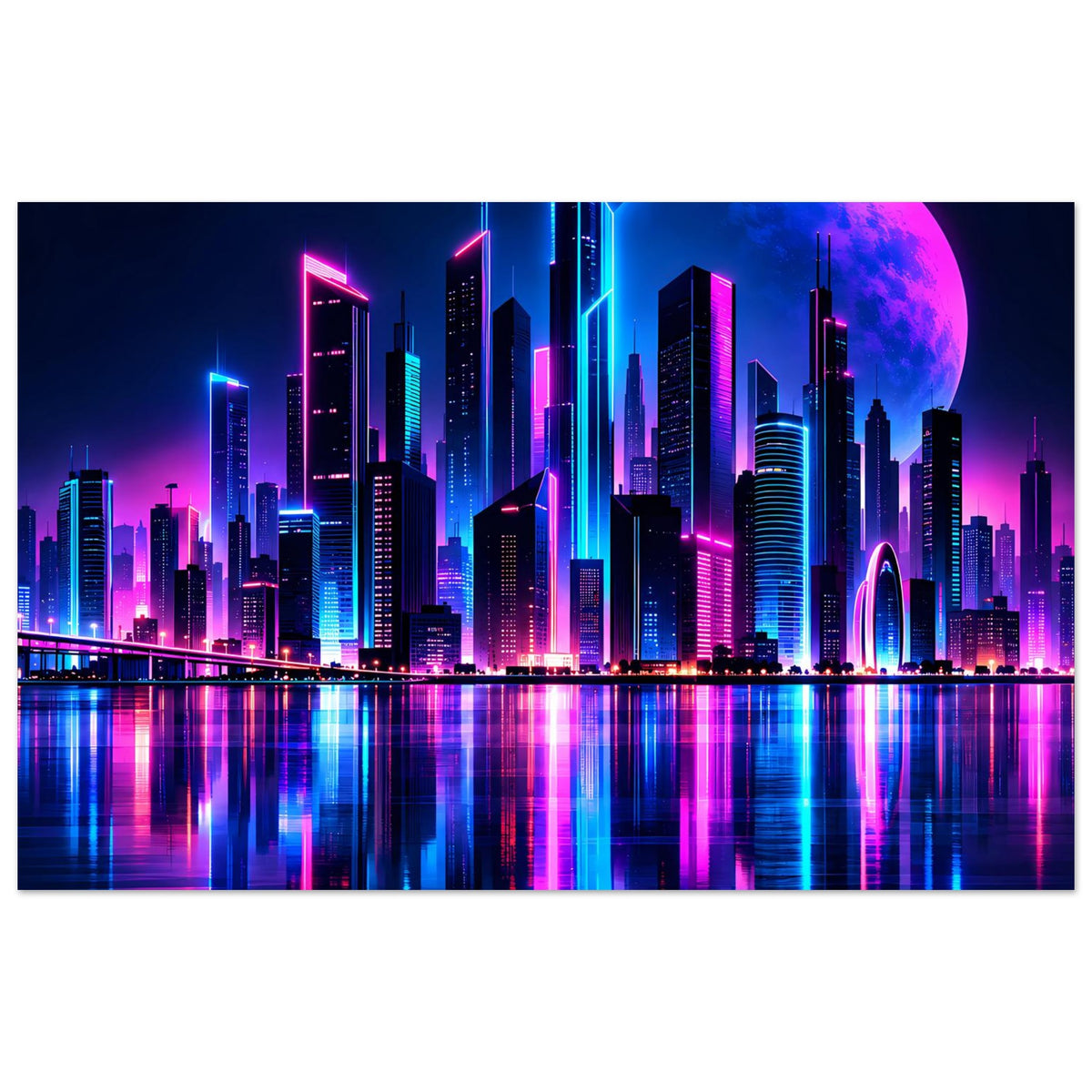Neon-Stadtlandschafts-Poster mit Skyline und blauem Mond; starke Neonfarben im Wasserspiegel