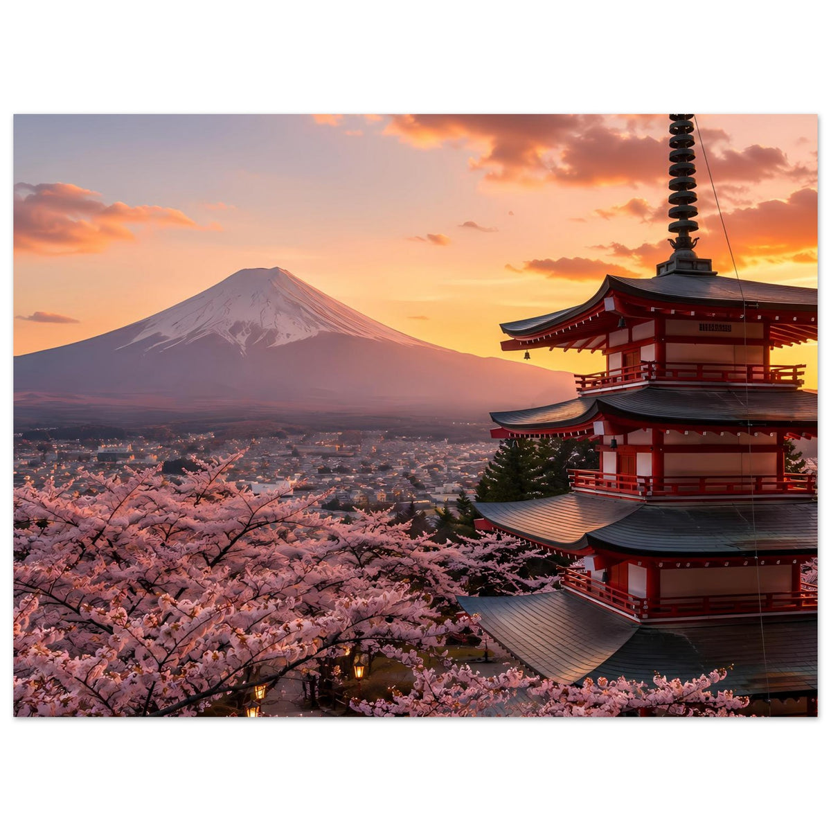 Vertikales japanisches Poster mit Kirschblüten, Berg Fuji und Pagode, stärkerer Bildausschnitt
